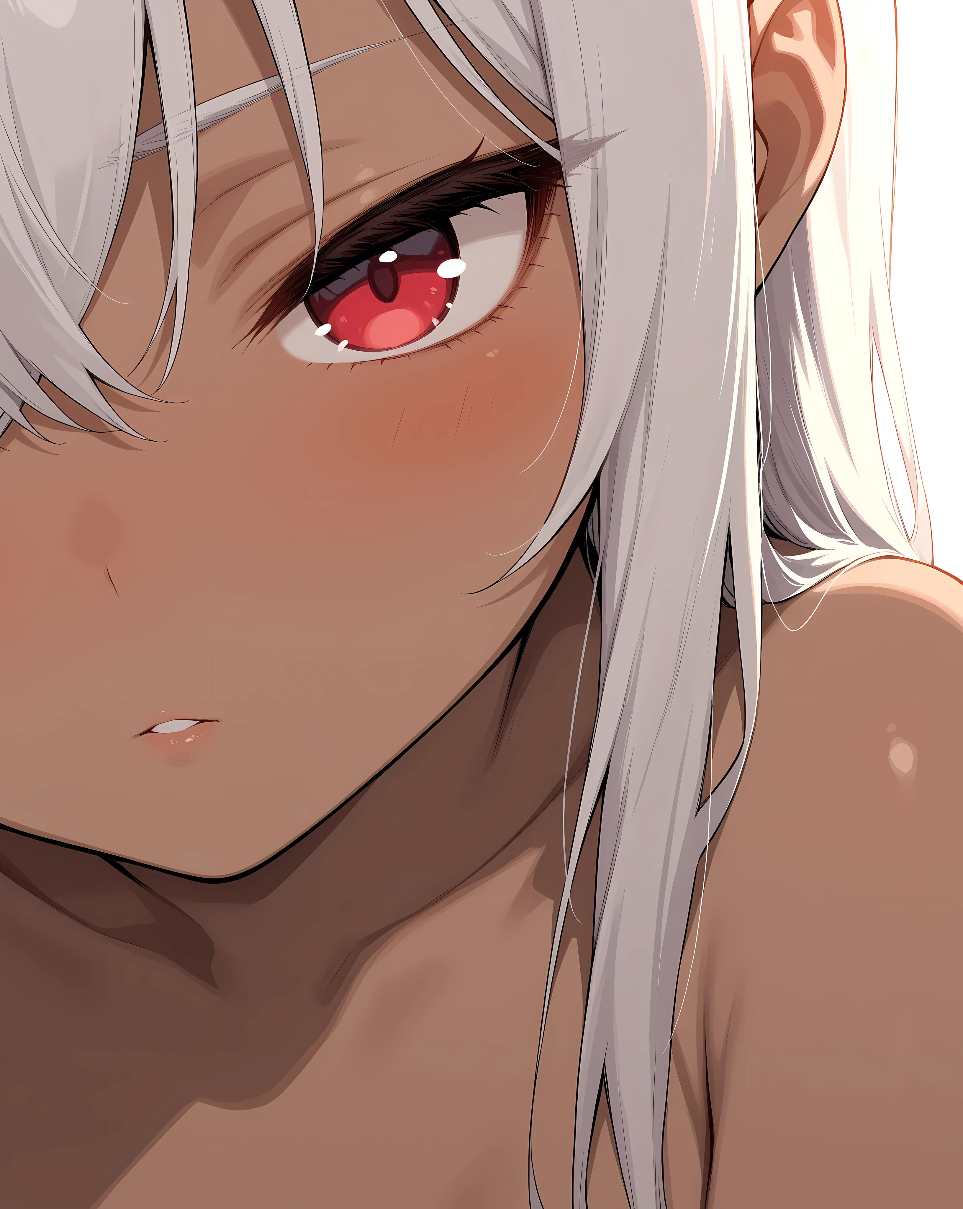 Best Quality, (Masterpiece:1.2), High Detailed, Cat Ears, 1girl, solo, tojo koneko, looking at the viewer, closed mouth, light smile, red eyes, white hair, short hair, hair decoration, cleavage, black neckband, erotica, sleeveless, bare legs, healthy skin, (indoors), ((nsfw))