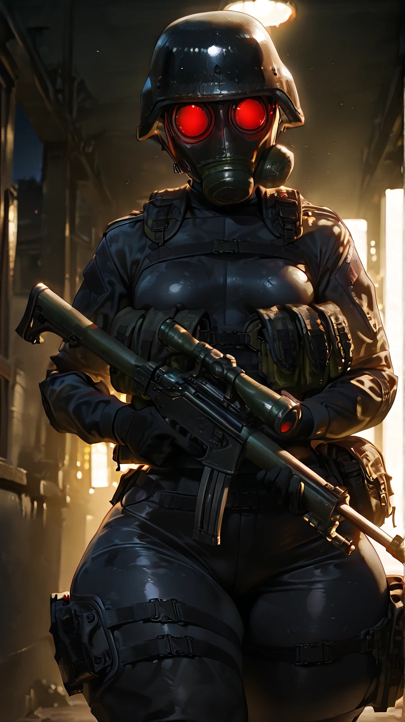 ExpressiveH, 1girl, hunkRE, helmet, , tactical gear , military, glowing eyes, night time, low ilumination, dim lighting, , dark basement, horror style , extreme detailed., small breast , Huge ass,  , wide hips, narrow waist, thick thighs. (obra maestra, altamente detallado, la mejor calidad, 8k), standing, . (masterpiece, best quality, vibrant, very aesthetic, high contrast, semrealistic, semirealistic , highly detailed , newest,), holding sniper rifle,  front view