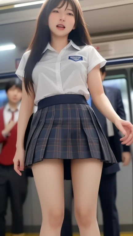 Very detailed、masterpiece、Highest quality、Ultra-high resolution、8K High Resolution、Photogenic transparency、Detailed eyes、Gradation、Perfect anatomical figure ,hard disk、Hmph , Nikon Z9 80mm Lens , Tabletop、Street in front of Tokyo Station、Standing model、shirt、(school uniform:1.5)、(((Skirts must be worn)))、(((Lift the hem of a skirt)))、Panty Focus、Too bright natural light、sunlight、(((While standing, She lifts her skirt to show her pussy to the camera.)))、(((Beautiful and white teeth)))、(((Raise your skirt higher and higher,Show your pussy to the camera)))、Ultra slim body、(G-cup big breasts:1.3)、Slim model body shape、Beautiful posture、Wearing a collar、Earrings、Earrings、((Navy Blue Skirt))