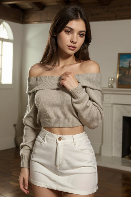 ((best quality)), ((masterpiece)), (detailed), 1girl, off-shoulder sweater, 16 years old indian girl in school skirt showing full body and