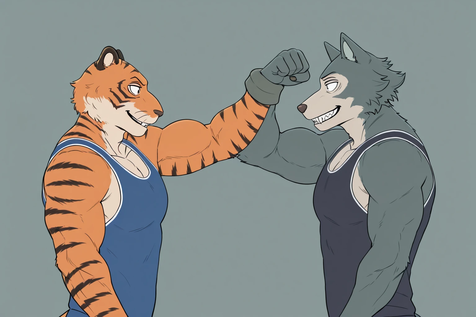 Sword fight of two Sexy anthro furry tigers desert slaves ancient gladiators, Both looks the same - slim endomorph muscular handsome model male apperance, headband, sword scars, worn out leather skimpy armament, low on hips heavy leather belt, old very worn out skimpy dirty linen material jockstrap, old yellow dirty worn out stains on white jockstrap, studded skimpy armlets breastplate armor, skimpy breastplate, leather bondages, fingerless leather gloves, smelly unwashed furr, dirty body look. They fight with swords in sword arena duel, cinematic sword fight scene, they are fighting in wooden cage arena, clashing swords each other, rage hate anger at each other, proffesional lineart comic drawing furry style, proffesional digital furry colour cartoon lineart drawing style