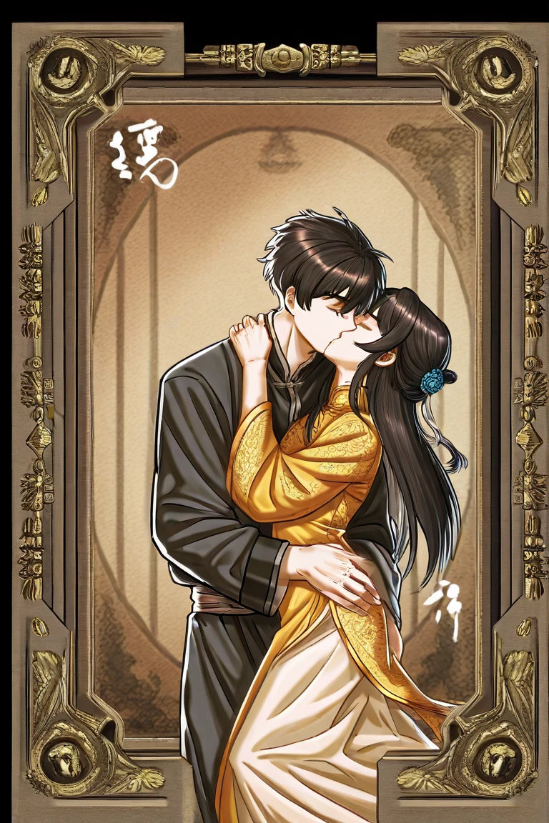 Period drama manga style A 15-year-old super beautiful Chinese girl with black hair in a bun cut(1 person) She is wearing a royal long-sleeved Chinese dress In a dimly lit bedroom Floral Futon She is forced to be held by the perverted old emperor while facing each other, and cries in fear. She exposes her nipples and faces the man as he inserts his penis into her pussy and they begin having sex. She wraps her legs around the man She loses her virginity and becomes pregnant She was given a deep kiss and had semen ejaculated into her with a high-speed piston.