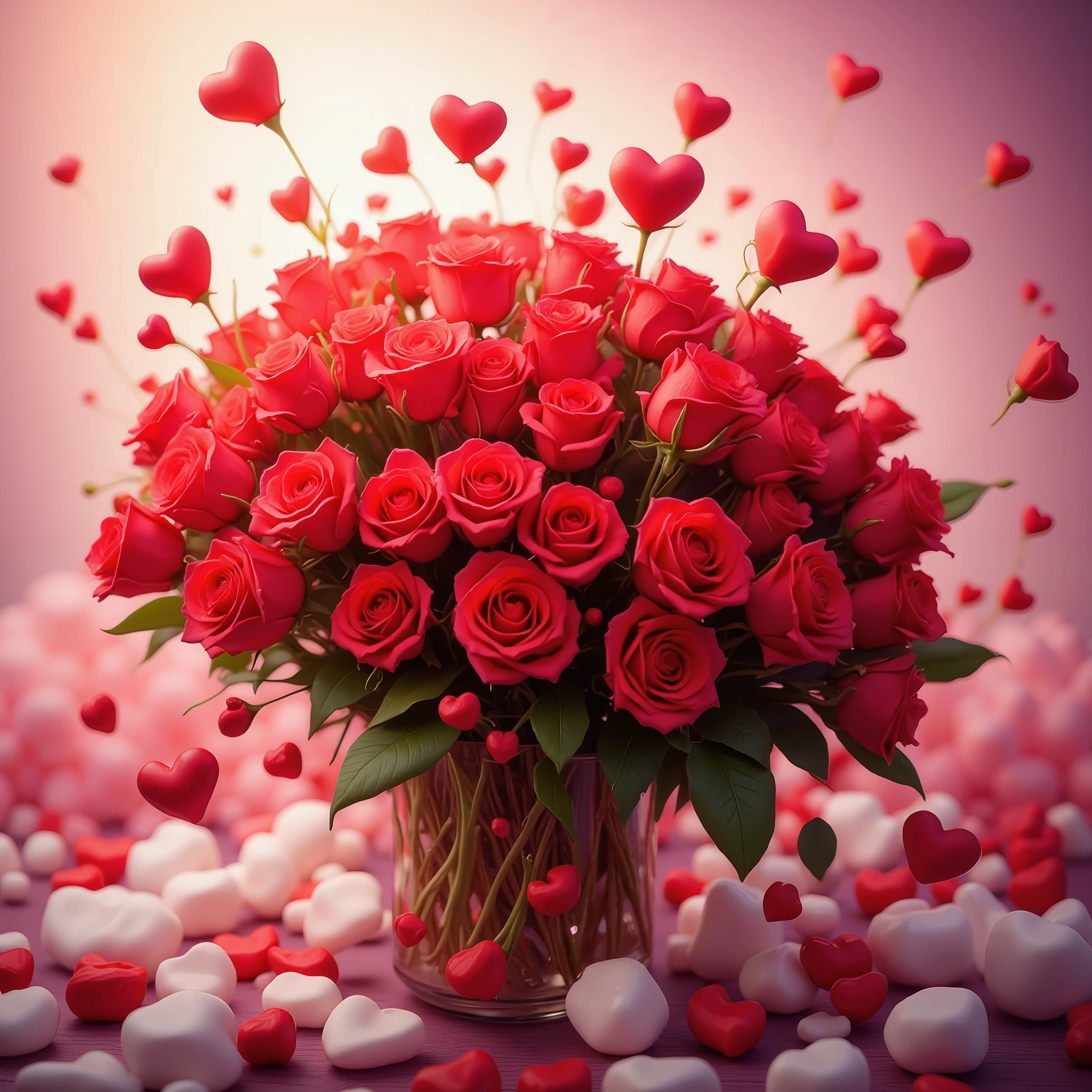 A beautiful bouquet of roses, hearts, The background Soft and gentle is well designed, better quality , Wonderful, bright colors, masterpiece fails, 8 k, maximum quality, complex details ,