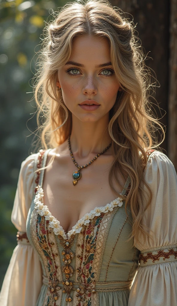 young woman (beautiful Latvian), standing, wearing sexy Latvian national costume, (( big breasts)), daytime, Latvian mountain village, detailed body, detailed face, gorgeous, surreal, charming, cute, long light curly hair, hot summer, bokeh effect, detailed background, volumetric lighting, drop shadow, 8k