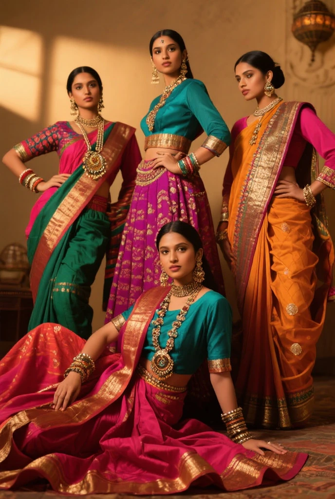 Indian woman with tall stature, comparing height, ((confrontando alturas)), stands next to Russian woman with short stature, ((mulher russa de estatura baixa)). Both women, ((cara indiana altura grande, cara russa baixa)), gaze at each other, ((olhando-se mutualmente)). Indian woman, with dark, long, curly hair, ((cabello ondulado largo e preto)), and traditional Indian attire, ((trajando vestimentas indianas tradicionais)), reaches up, ((reaching the comparison)), to touch the top of the Russian woman's head, ((Russian captain)), wearing