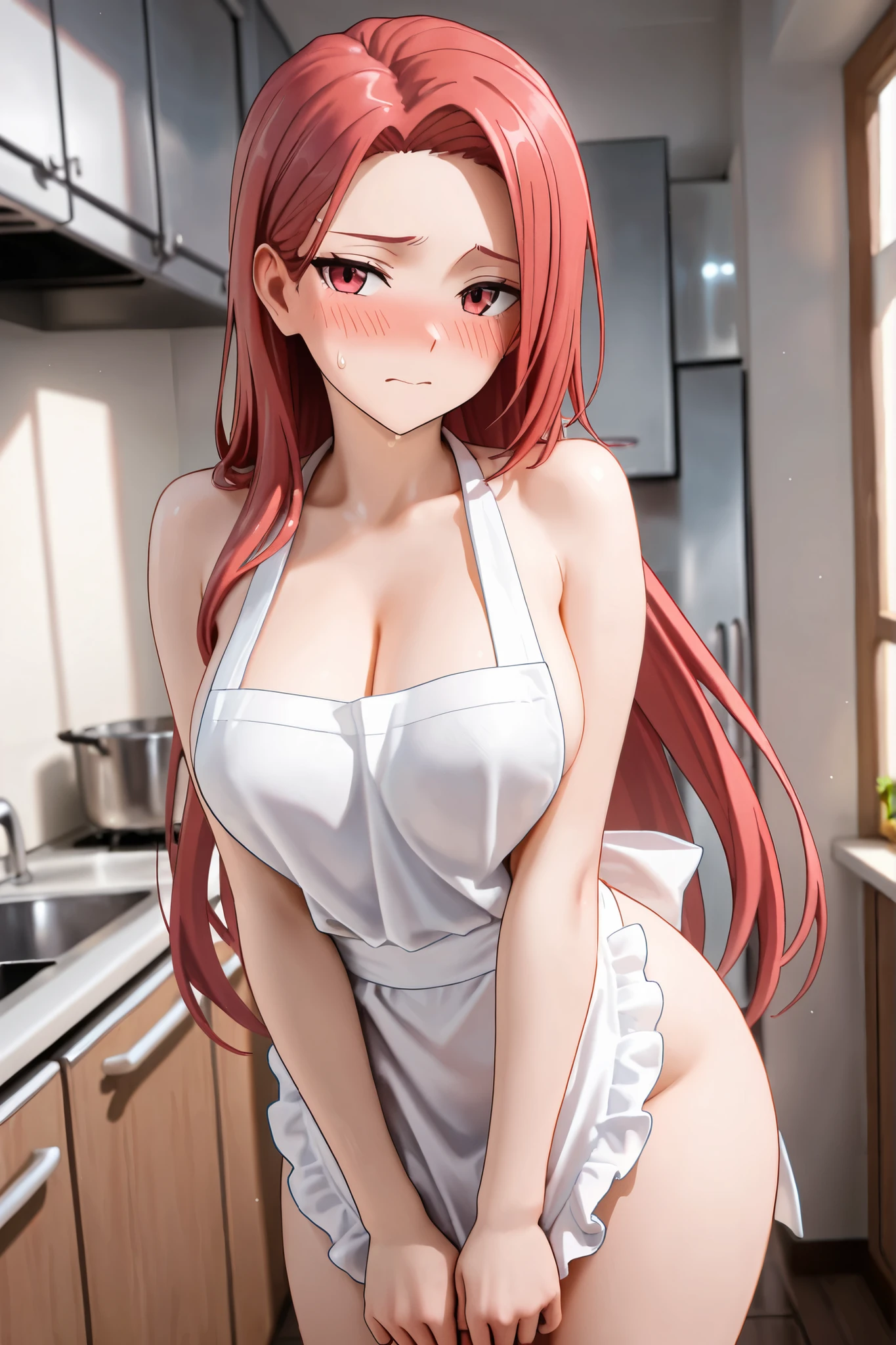Red head, angry face, standing in bedroom wearing apron, naked under apron, milk white skin colour, blue eyes, young girl, hands on hip