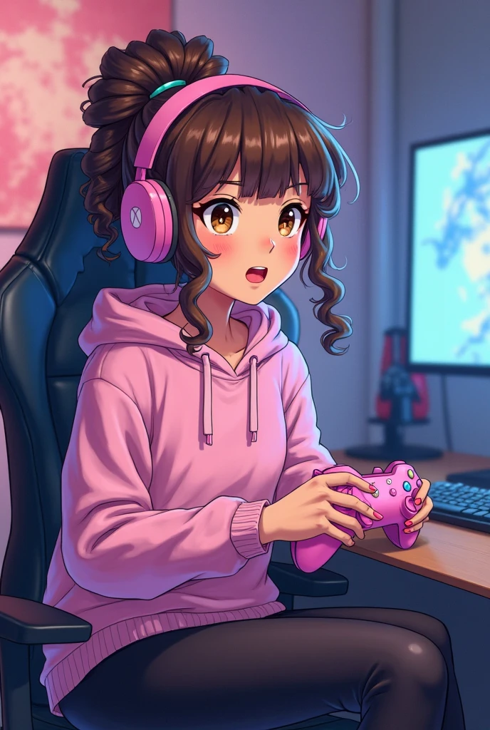 A fat chubby kemono cat furry girl with fat legs with wavy brown hair and yellow fur with white and purple spots, purple eyes, a tender face and a shy smile, wearing a purple sweatshirt and black shorts., sitting in an armchair with a video game controller and headphones and playing video games