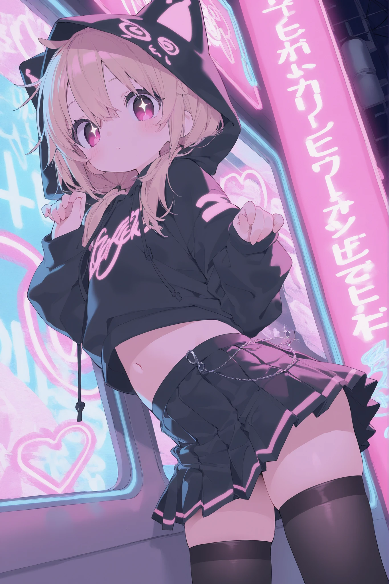 best quality、Highest Quality、8k、Highly Detailed CG、dynamic angle、cowboy shot、Neon Light Sparkling Cyber Nightclub、Illuminated signboard showing girls in the back、standing、see here、Beautiful Girl,1 cute girl、 cute pose with both hands 、hip swing dance、Random foot positions、cute accessory、black hoodie、I'm wearing a hoodie hood、Highlight healthy thighs、Very short black pleated mini skirt、black thigh high stockings in the subway、Stylish punky clothes、