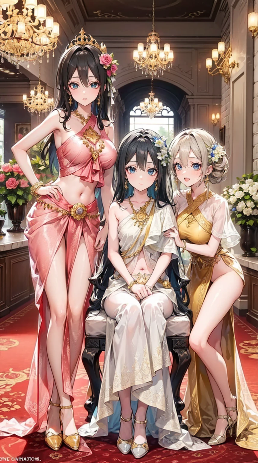 Group of 5 princesses,(5 young women,many young women), (in the bedroom), Various hair styles, harem, Wearing a strapless Thai dress.., at night, detailed face, big breasts,Breast curtain, short skirt, mule, Sleeveless , Show your armpits, at night, starry at night,(large areolae:1.4,pink,The nipples are clearly visible....),((Various poses)