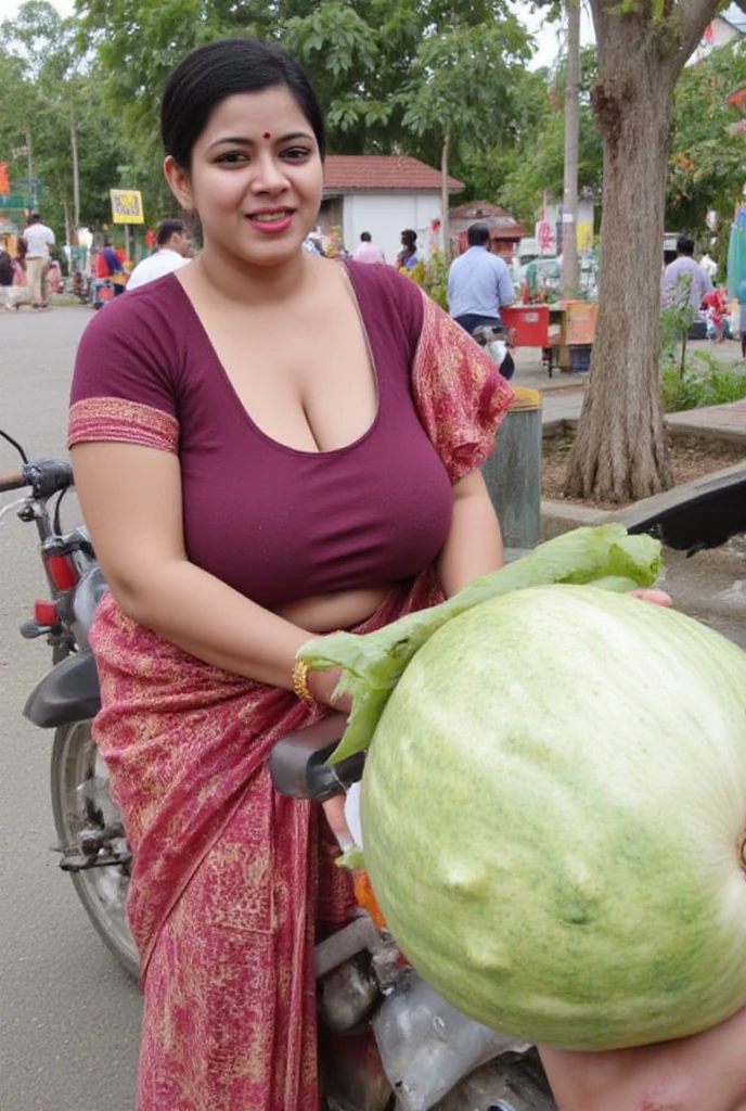 a busty woman with huge breasts in pajamas, harvesting "Tomatoes" in an Indian village in a jungle 