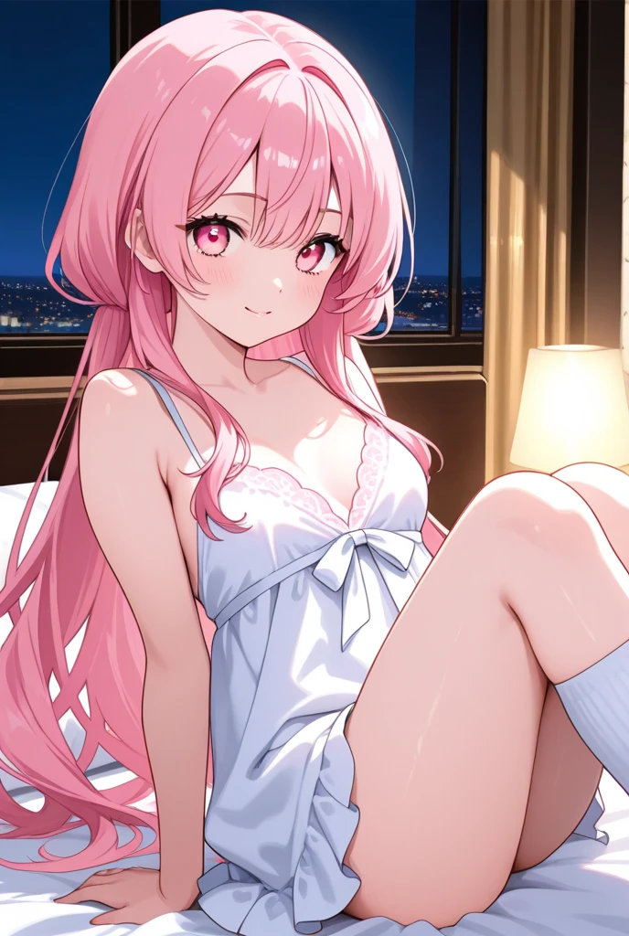 1 girl, city, pink hair, cute face, perfect face, long wavy hair, night gown lingerie, blue eyes, hands behind back, absurdres, high res, ultrasharp, 8k, masterpiece