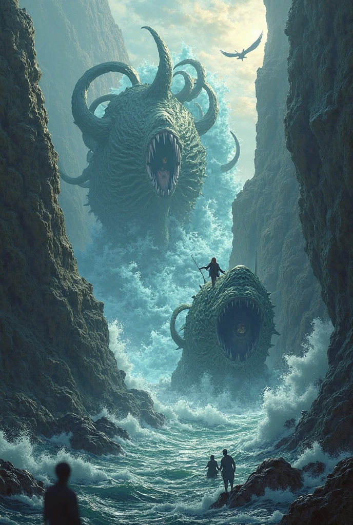 (Best Picture Quality, 4k, 8k, Hi-Res, Masterpiece:1.2), (Ultra-Detailed, Realistic, Graphic:1.37), (Severe Situation:1.1), (A scene from ancient Greek mythology, beautiful Princess Andromeda sacrificed by a monster:1.2), ((Lying on her back on a sacrifice table on a wharf:1.5)), a blonde with chains around her wrists Large shot of Andromeda, a beautiful naked woman with blue eyes, from behind. (shackles on her hands with chains attached:1.6), (Andromeda looks in anguish:1.1), In the distance, the upper body of a giant man-eating monster, the Kraken, emerges from the sea, a life-threatening scene; Medium: Illustration, Detailed Illustration, Digital Illustration, Strong Shadows (strong texture:1.1), detail: (eerie atmosphere, eerie clouds, celestial ladder reaching out from between the clouds, dark lighting, murky seawater:1.2), detail: desperate expression of the princess, terrifying eyes, scarred bare feet, rippling muscles of the monster's upper body, scales shining in the sunlight on the monster's body; artistic style: dark Fantasy, terrifying mythical creatures, dramatic composition Color palette: eerie Lighting: eerie moonlight casts unforgettable shadows; spotlight illuminates princess and monster; (amazingly powerful and realistic composition by Greg Rutkowski:1.2)