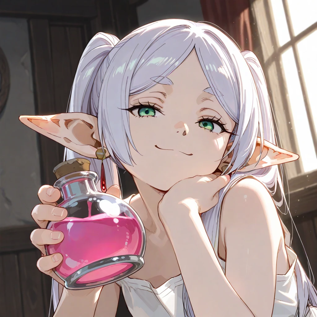 One elf woman, tanned brown skin, beautiful golden eyes, beautiful silver hair, pointed ears, pink lips, upper body description, smiling, lips open, kitchen, turtleneck black sweater, white frills Apron with a , looking up, looking at the viewer, arms outstretched towards the viewer, high resolution