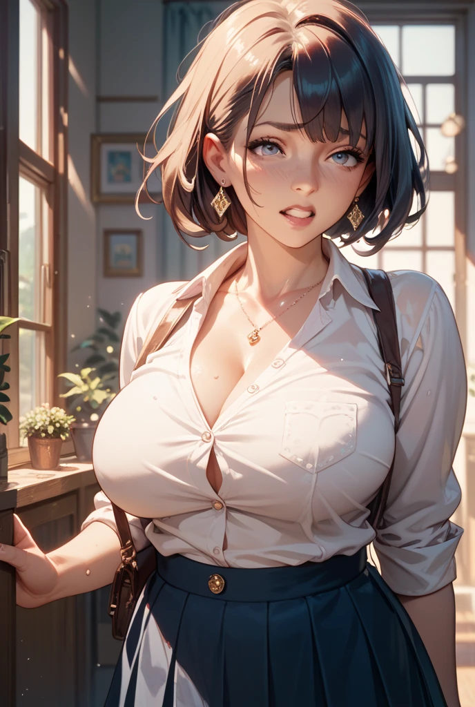 (Highest quality, High resolution, Masterpiece, 4K), (Soft light、Luster of hair、Beautiful eyes)、young woman、The whole body is visible、Adorable smile、 ((Wavy medium short hair, bangs, Chestnut Hair)), ((Wistful eyes、Gray Eyes, Perfect Eyes)), ((Detailed face, blush:1.1)), ((Smooth texture:0.75, Realistic texture:0.65, Realistic:1.1, Anime CG Style)),Medium chest、Glamorous Body、(Sexy thighs、I see beautiful legs)、(Black bra、White shirt、Chino pants),Simple Necklace、Cute Earrings、Angle from the front、Sit at a desk、Brush your hair up、Peeking into this、The hem of the shirt is visible、Angle from below、