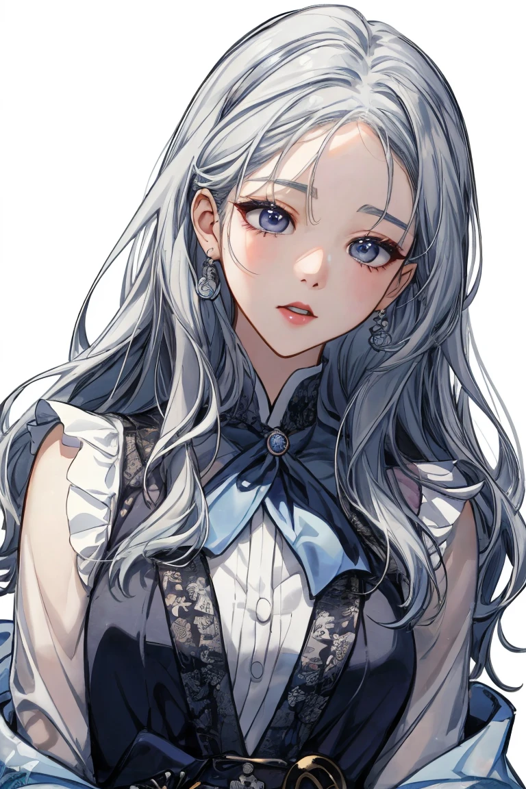 girl, mature, white hair, blue eyes, diamond earings, long hair, low twin tails, red bow on hair