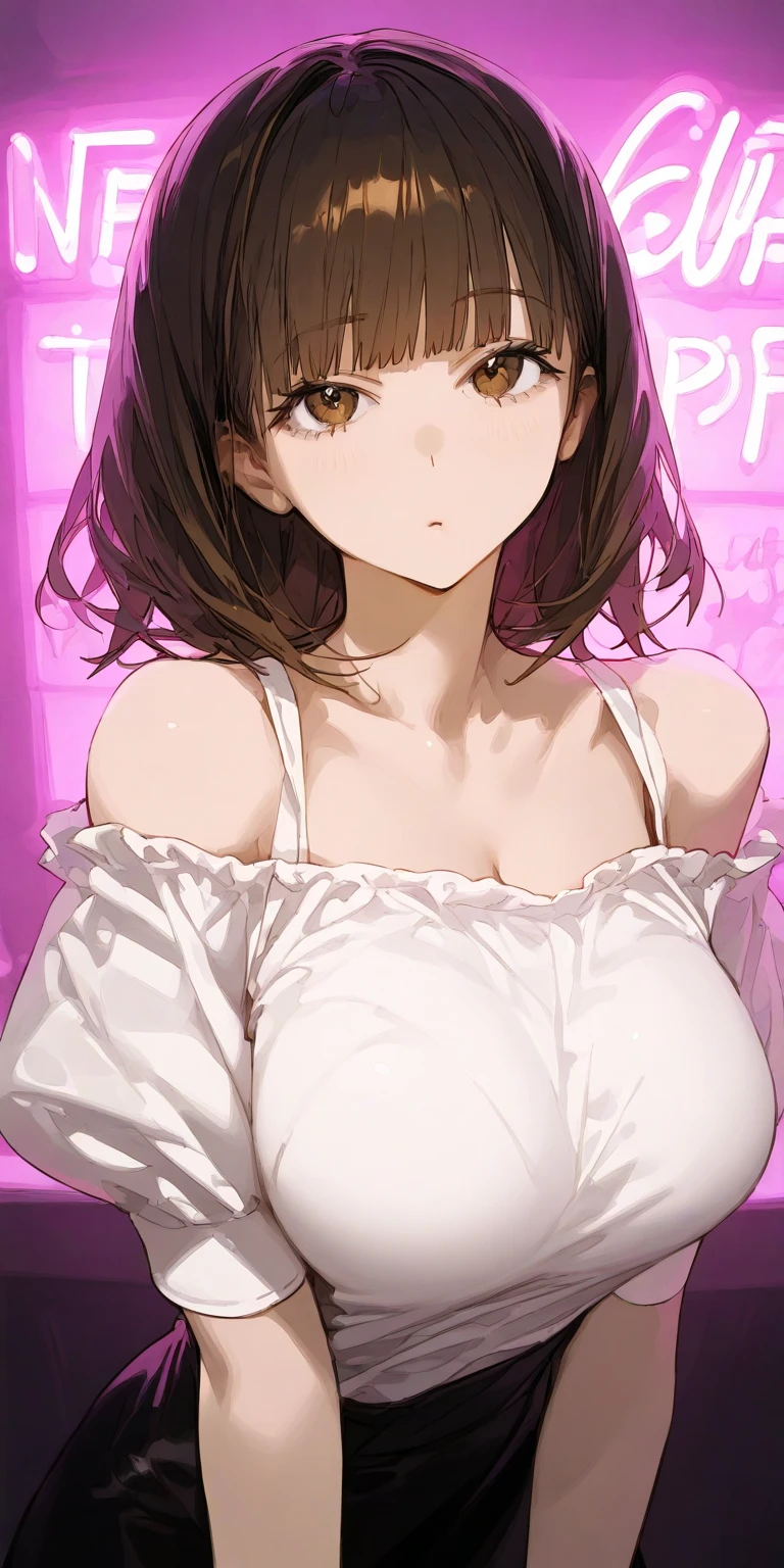 masterpiece, best quality, 1girl, solo, higuchi madoka, brown hair, mole under eye, hair ornament, hairclip, short hair, bangs, purple eyes, <lora:higuchi_madoka_V10:0.6>, breasts