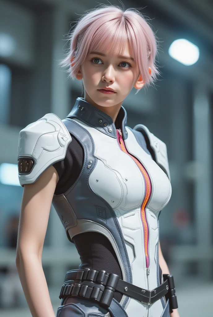 (8K, RAW photogr, Best quality at best, tmasterpiece), 超高分辨率, (actual, Photorealistic), 1个Giant Breast Girl, Without feelings, Alone, with pink hair, yellow-eyed, profesional lighting, Detailed lighting, The light from the back window is backlighted, depth of fields, natural lightting, Focus sharp, Two meters shooting distance, Professional photo shooting, 詳細な目, photorealistic eye, detailed shadow, CG games, roleplaying, Pink dress with armbands, Harnes, The upper part of the body, pink color clothes, External, diadems, Up, mechs, droid