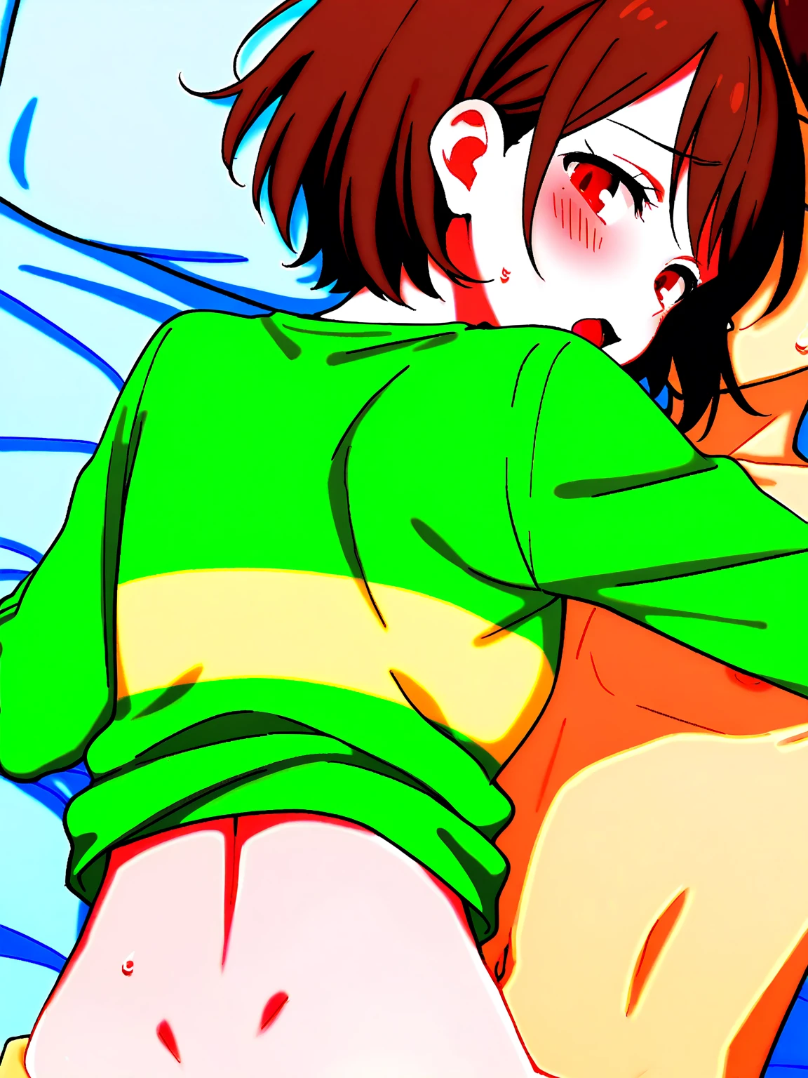 (highest quality, High resolution, blu ray quality、correct human body structure、BL、masterpiece:1.2), Super detailed, Realistic, Cute Japanese anime illustrations in super high quality, Expressive Face, Solo、Slender figure, Long and thin, naughty boy、Wearing a hoodie、Pants pulled down to the knees、18-year-old、Male middle school student、Naughty personality、Cheeky personality、manly、Spiky Hair、short hair、Shiro Emiya、Rich emotional expression, in the children's room、Half naked、(((NSFW))), Child-like soft skin、Slim and underdeveloped body、 The steamy smell of sweat, On the bed, she crawls on all fours and poses in a sleeping position to tease the viewer.、smallpenis、Phimosis、Anal、Aerial view from behind