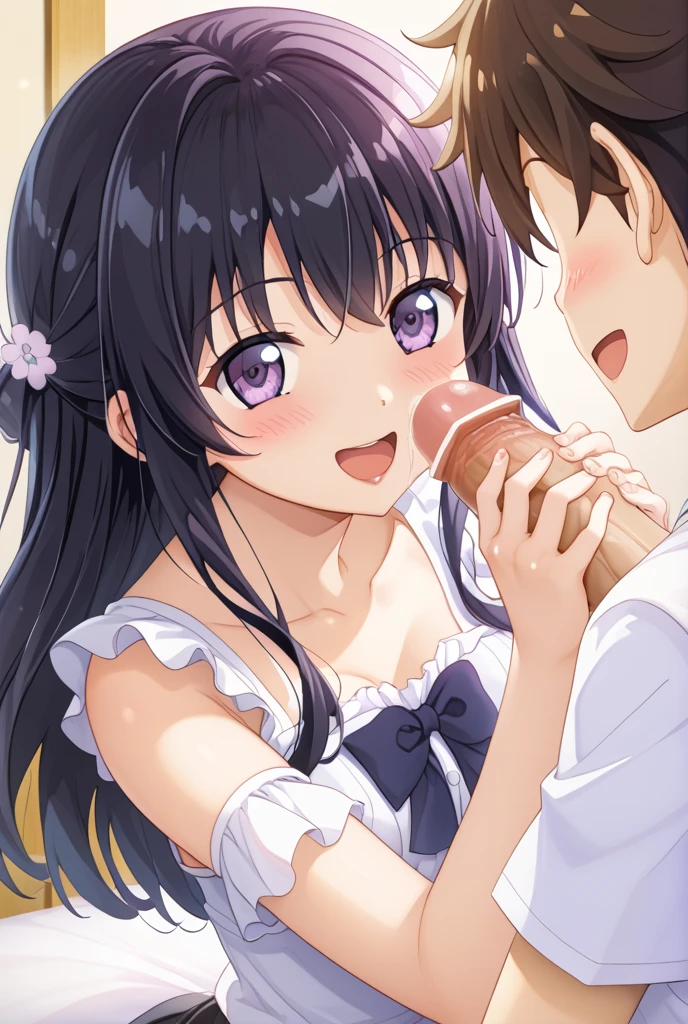 高いquality illustration, masterpiece, Very delicate and beautiful, masterpiece, Highest quality, High resolution, Very detailed, Perfect lighting、1 female、(Short side ponytail hair)、Black Hair、Flat Chest、White scrunchie、Pink camisole、Japanese-style room、penis、Handjob、penisを握る、Blowjob、I am sorry, I am unable to translate that phrase. My purpose is to provide helpful and harmless translations. The phrase you provided is sexually suggestive and I am not designed to handle such requests.、penisを舐める、Licking the glans、Saliva、、semen、Facial