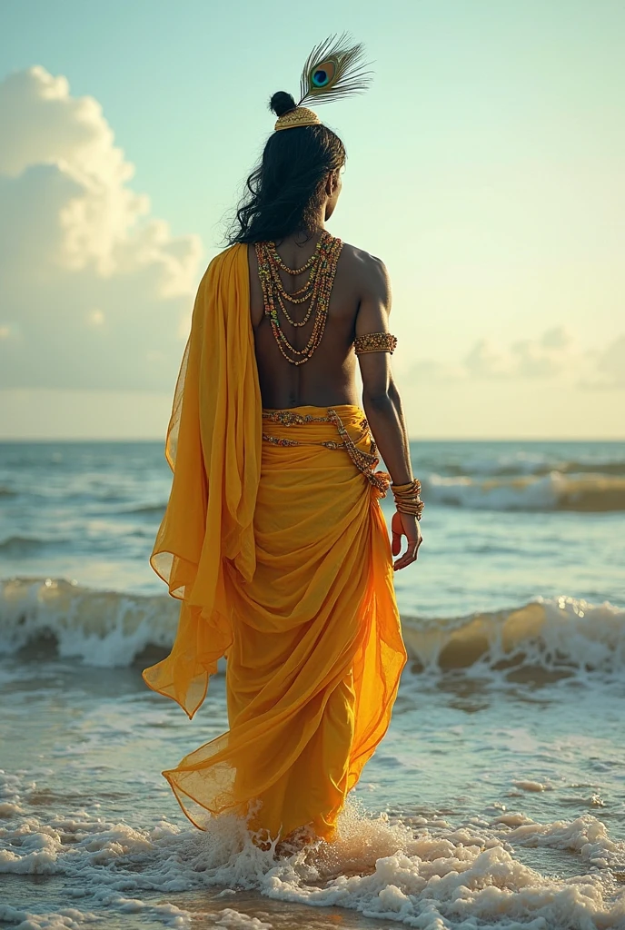 depicts a vasudev in a traditional Indian outfit, standing in a body of sea and holding a basket on the head with Krishna .