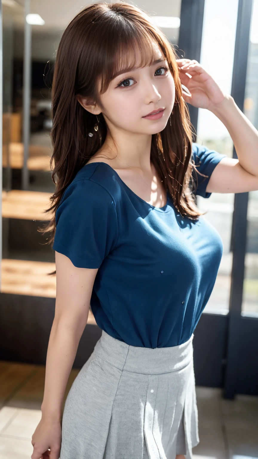 school uniform, only short sleeve white blouse,, cleavage, ((I don't wear a skirt,no_skirt)),Panty shot, (8k, RAW photo, best quality, masterpiece:1.2), (realistic, photo-realistic:1.37), ultra-detailed, ultra high res,1 girl,looking at viewer,beautiful detailed face,smile,narrow,(slim waist:1.3), beautiful detailed skin, skin texture, floating hair,professional lighting,