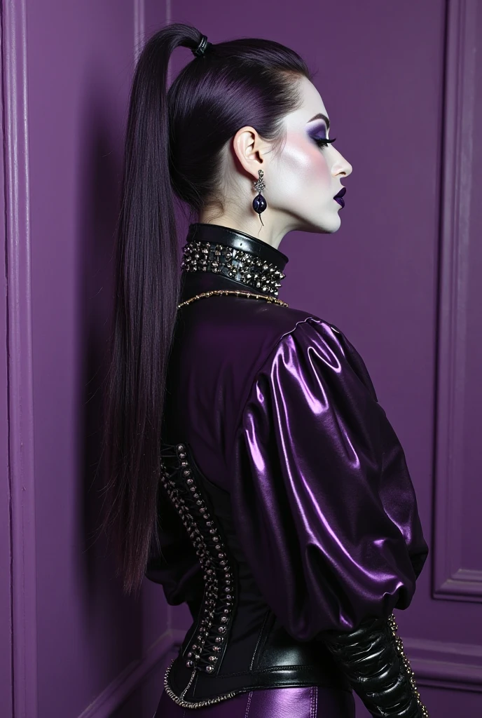 Gorgeous european woman with very long hair, hair in a ponytail with a fringe, wet hair, hair slicked back, combed straight back, slick hair, streaked black hair, seductive pose, sophia bush, dressed in a purple gypsey outfit, cleavage, solid dark grey background