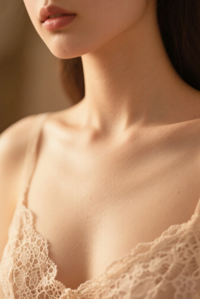 Close-up of the upper body of an elegant woman, highlighting sophisticated clothing. The woman is wearing a silk blouse with an impeccable cut that flatters her figure. The soft fabric shimmers under gentle light, while the details of the stitching and design showcase the quality and style of the garment. The image captures the beauty and luxury of the clothing, with a special focus on the details, conveying a sense of sophistication and elegance