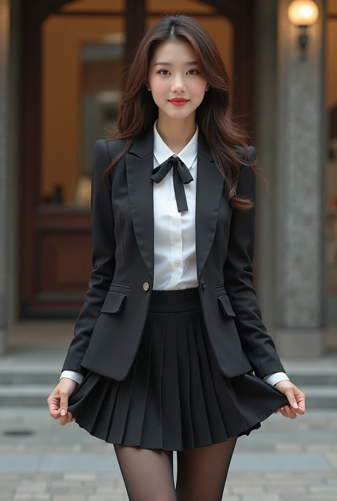 最high quality, masterpiece, 1 girl, Beautiful Face, (Photorealistic photography:1.3), Rim Light, (Skin with attention to detail:1.2), 8k UHD, Digital SLR, high quality, High resolution, 4K, 8k, Bokeh, Disorganized, The optimal ratio is four fingers to one thumb, (Genuine:1.3), Small face, pretty girl, Black Formal Blazer, Mid-breasted, Short skirt,office