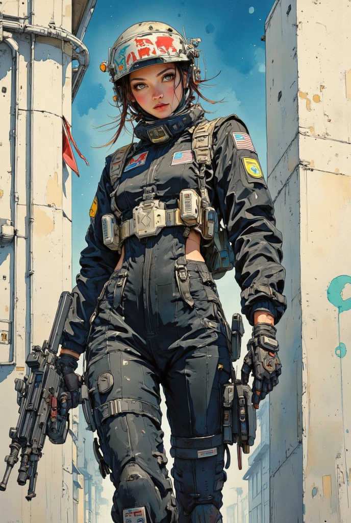 Girl with big machine gun, anime, futuristic, overalls, military, desert background, dusty, flower, specular light, sweat body, shiny gun, 4K --auto --s2