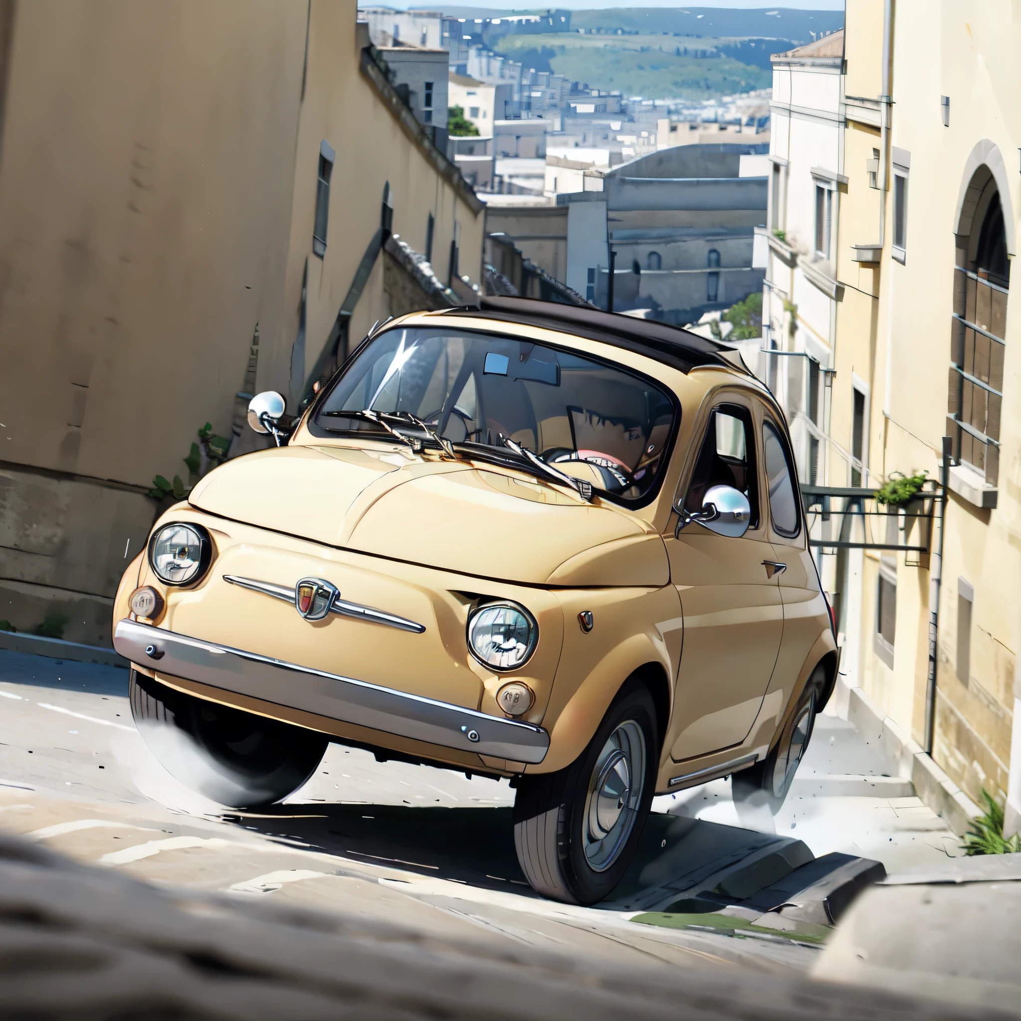 (FIAT500, classical old Italian Fiat 500 car, sassi_di_matera), Lupin III drives the yellow Fiat 500 through the alleys of the Sassi of Matera. Photorealistic shot giving the motion blur of speed. In background Sassi of Matera landscape. blurred foreground.
