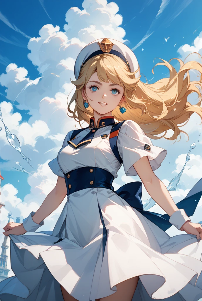 young girl, longue blonde hair, Two ponytails, blue eyes, White jacket, short sleeves, blue tight top, Blue skirt, pantyhouse, Smile, open mouth, Masterpiece, hiquality, 4k, HD, Good detail