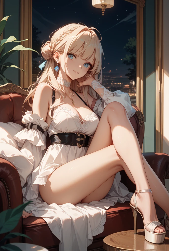 absurd, 8K, high resolution, ultra detailed, beautiful, masterpiece, best quality, very pretty woman, young, blonde hair, detailed woman's face, very attractive, (yellow lingerie:1.2), grey hair, full body, aafbk, long hair, ahoge, animal ears, breasts, fox tail,