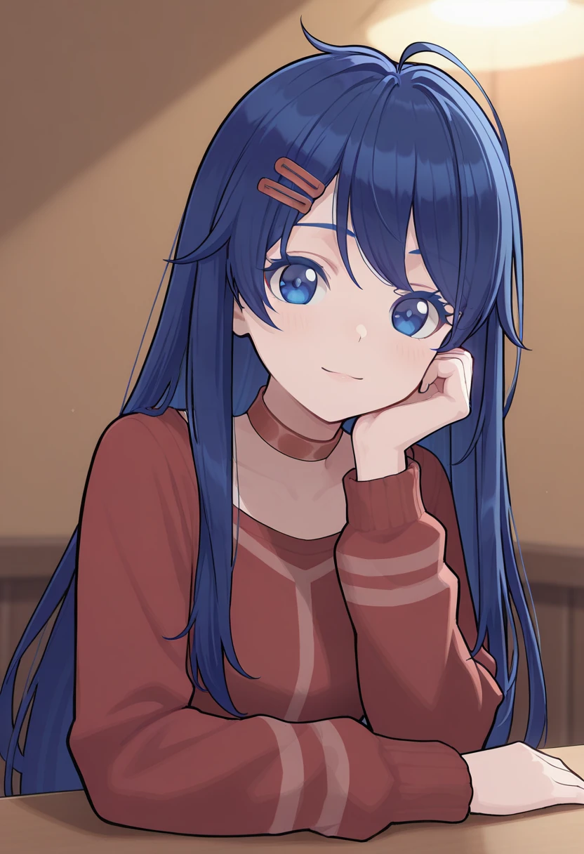((最高品質))、Kind Mita, 1girl, blue hair,nose,blue eyes,long straight hair, red shirt,hairclip, choker, red choker,ahoge,room,Miside, looking at viewer,Evening lights,face focus, hand on own cheek,hand on table,slight smile,looking viewer, pov across table,upper body