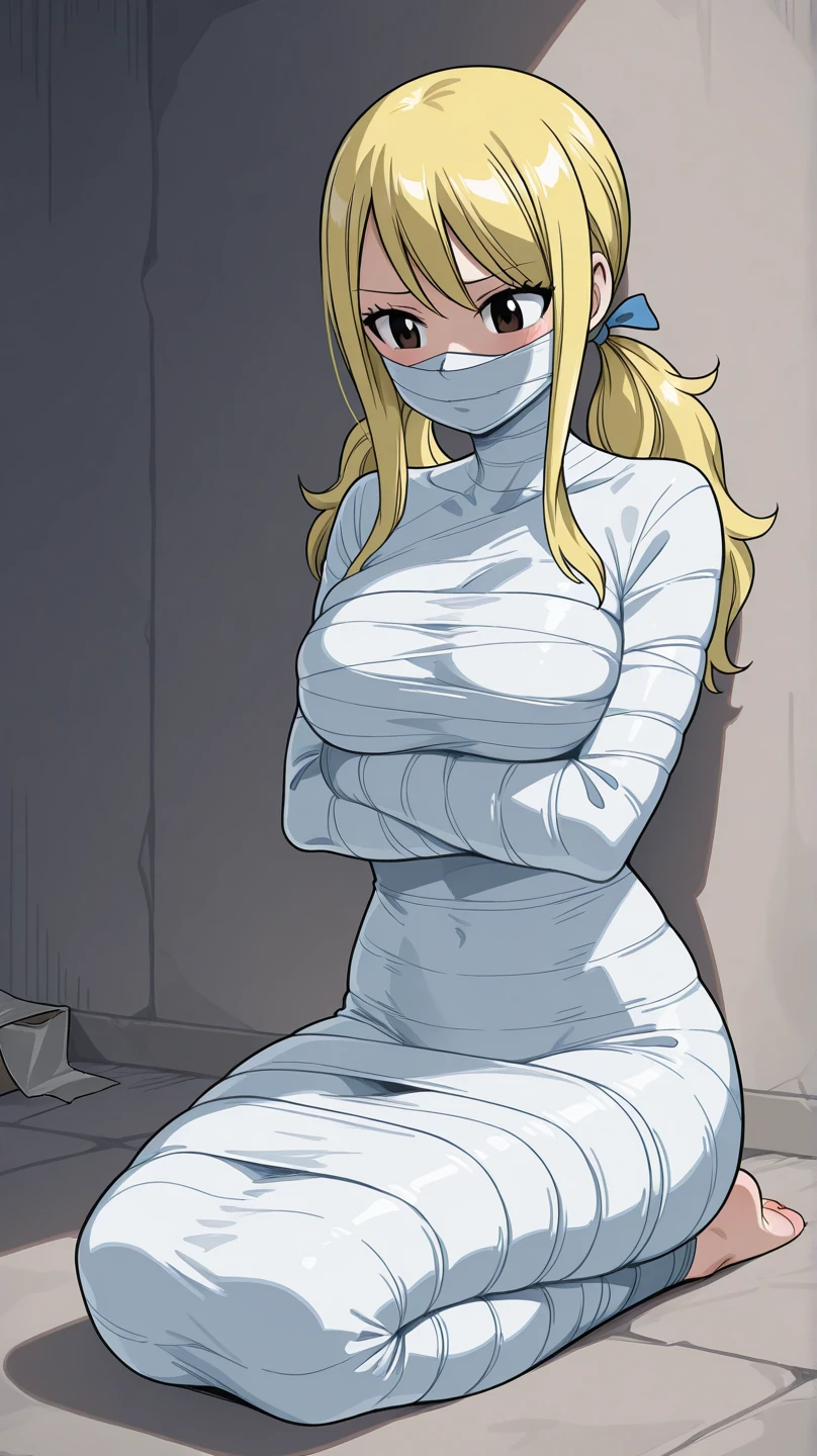masterpiece, best quality, 1 girl, solo, Lillie(Pokemon ), long hair, blonde hair, messy hair, twin braids, breasts out, (arms behind back:1.4), hanging,spiders in the web,long spider, desperate,struggle, entangled, embarassed face, despair,cocoon, outdoor, blushing face, silk gagged,(spider touching her)