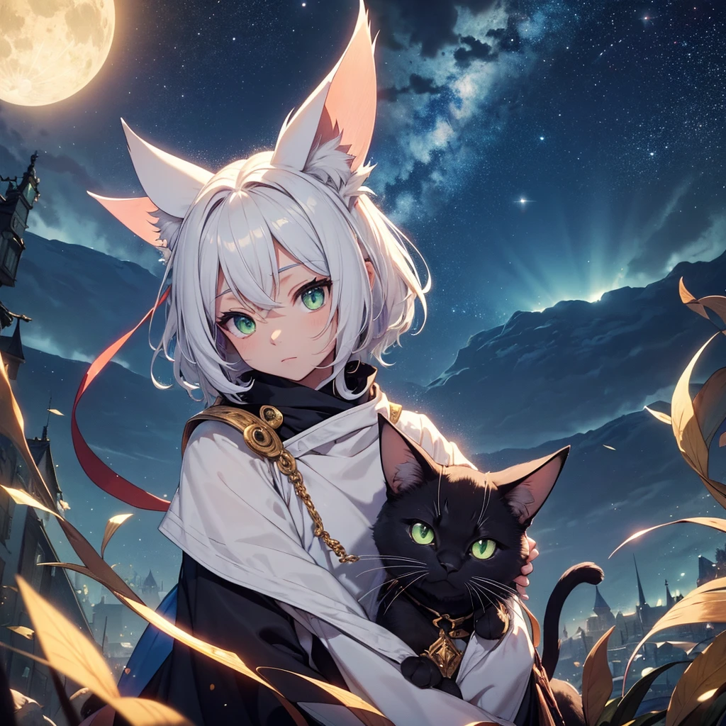 Create an image of a white and black cat sitting next to a boy, gazing at the moon together.
The boy, with bright, curious eyes, leans forward, resting his chin on his hands. His expression is filled with wonder as he observes the glowing orb in the night sky. The cat, its fur a stunning contrast of white and black, purrs contentedly, its gaze fixed on the moon as well. Its ears are perked up, listening intently to the soothing melody of crickets filling the night air. The scene is bathed in the gentle glow of the moonlight, creating a magical and peaceful atmosphere.