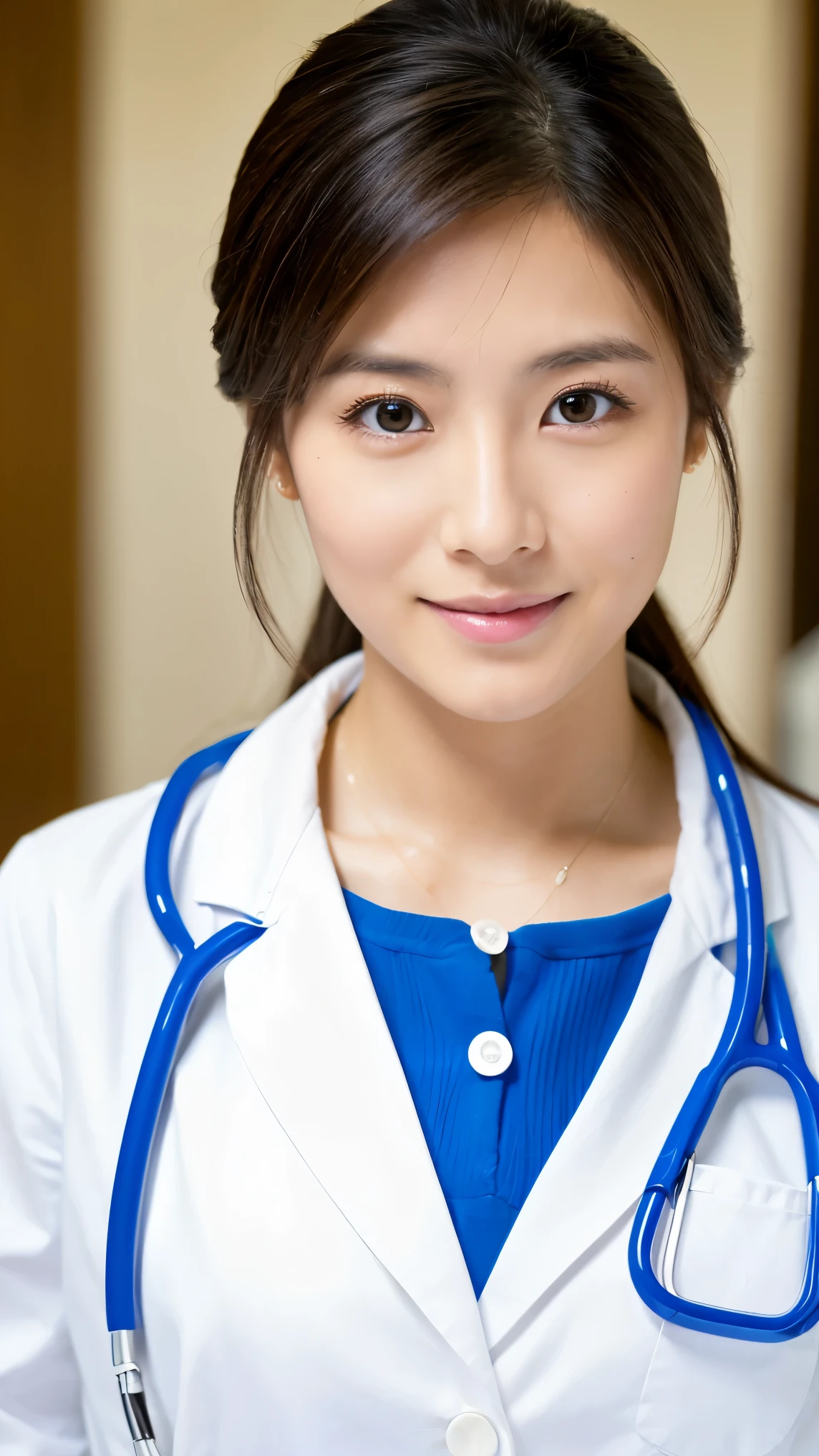 (Ulzzang-6500-v1.1, masterpiece, highest quality:1.3, ultra-detailed 8k:1.2, hyperrealistic:1.35, raw photo:1.2, highest quality, high resolution, wallpaper, realistic, dramatic, realistic painting art by midjourney:1.3, 1 nurse, 28yo, white nurse uniform, basic nurse cap, short white tight skirt:1.3, super beautiful, beautiful skin, beautiful and detailed eyes, detailed face, symmatrical face, perfect style, treatment room in a hospital room, take photos from up close to her, ample bosom, very detailed face, stethoscope, double eyelid, snaggle-tooth, brown eyes, short ponytail hair, chest strengthening, emphasize body line, friendly smile, beautiful lips, glossy lips, white teeth, detailed background of the hospital room, perfect lighting, natural soft light)