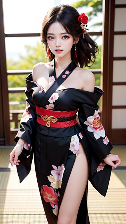 最high quality、high quality、Best image quality、8K、最High resolution、High resolution、最high quality、masterpiece、RAW Photos、whole body photos、Detailed and realistic human body、Detailed and realistic skin、Realistic face in every detail、Detailed and realistic eyes、Detailed and realistic lips、Detailed and realistic teeth、Detailed and realistic ears、Detailed and realistic hair、Realistic reproduction of every detail、((Beautiful Hands(thumb１、reference４))、Realistic feet down to the last detail、((Beautiful Japanese Girl))、(Japanese Model)、((18 year old beautiful girl))、(Black Hair)、(Random Hairstyles)、((whole body))、((Slim and perfect figure))、(Beautiful and firm breasts)、(whole body glossy skin、Fair skin)、Soft natural light、Naked、kimono、ninja costumes、Japanese tradition、Japan House、Japanese Style House、Tatami room、((Colorful see-through(Floral Ninja Costume))、((Sit Japanese style on,no clothes showing her pussy