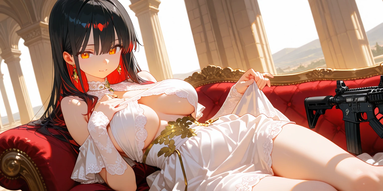 A woman with sophisticated white dress, long black hair, yellow eyes, red horns, big breasts, smiling, in a room of a modern house,,HDR, very detailed, ultra resolution, masterpiece. 8k hd.