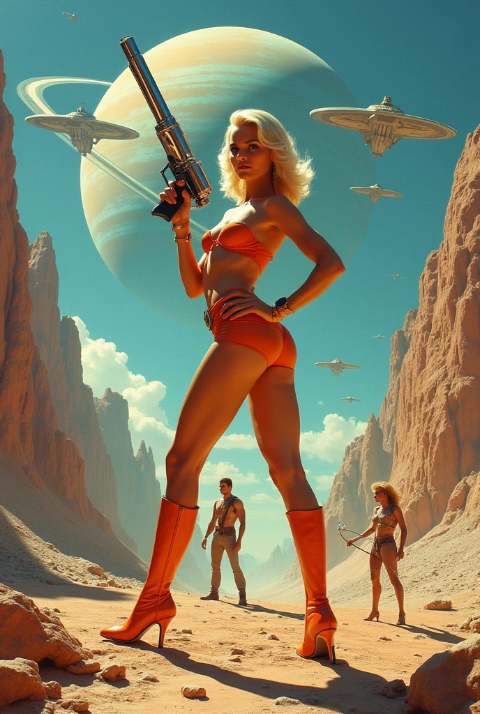 blond woman in bikini standing in front of a group of robots, inspired by Keith Parkinson, retrofuturistic, military art, desert valley of bones, still from a music video, art of édouard bisson, megadeth, the watchers --auto --s2