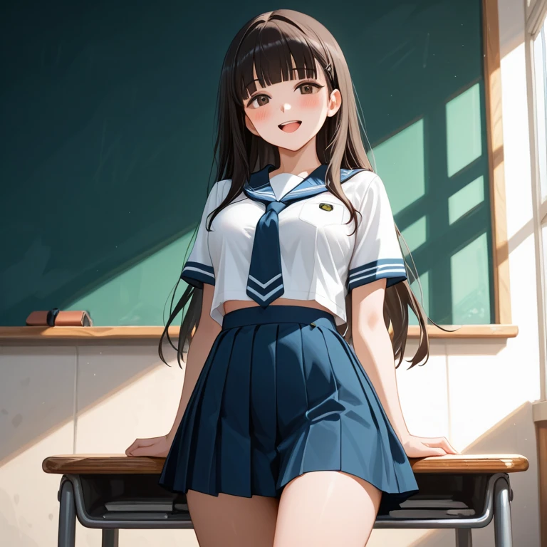 Asian school student, sexy de corpo inteiro saia rodada, com cabelo grande, seios grande, menina bonita do sorriso encantador, pernas bonita, olhos azuis escuro seios enorme, seios volumosos
