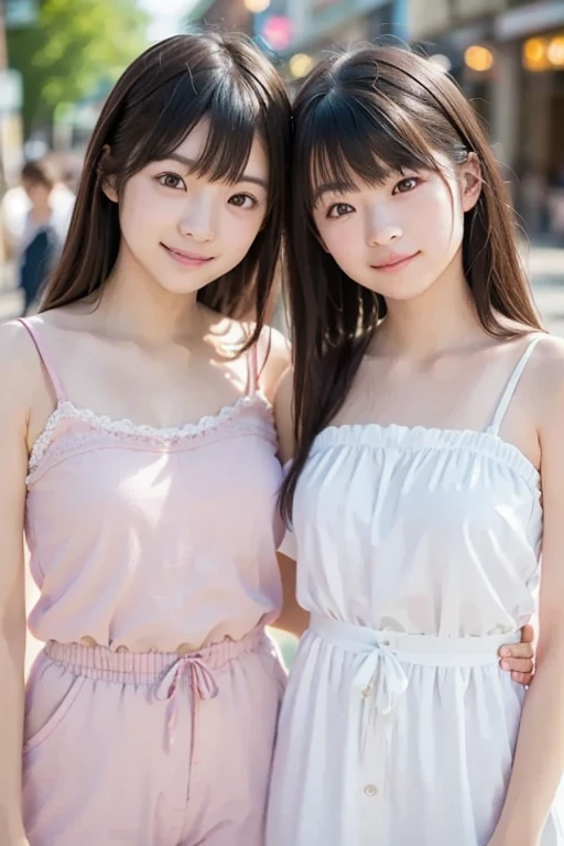 (Two girls of the same age:1.2) , couple focus, Adorable, 14years, Upper body, japanaese girl, cheek-to-cheek, Sitting on a cushion,    Ruffled Summer Dresses, Twin-tailed,  (Smile:0.9), hair scrunchie, Low contrast, Best Quality, 超A high resolution, photographrealistic, ultra-detailliert, 8K, Raw photo, (downbrouse:1.0),