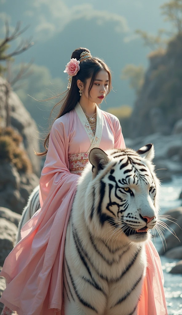 Movie Angle,(Cute girls,anatomy correct,Ride on a giant elephant,Masterpiece camellia,Representative works Hanfu,ssmile),Sea of flowers in the background,(illustratio,paper art,3Drenderingof),(plethora of colors,Best quality,high detal,tmasterpiece,Cinematic lighting effects,4K,Chiaroscuro