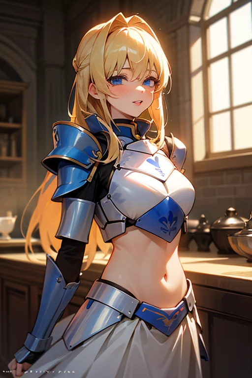 masterpiece, extra limbs, 1lady, 25 years old, gold long high ponytail, gold pubic hair, slant blue eyes, medium pointy breasts large areolas, muscle, serious, contrappo stobreast hold,have claymore, (clothed plate armor knight)