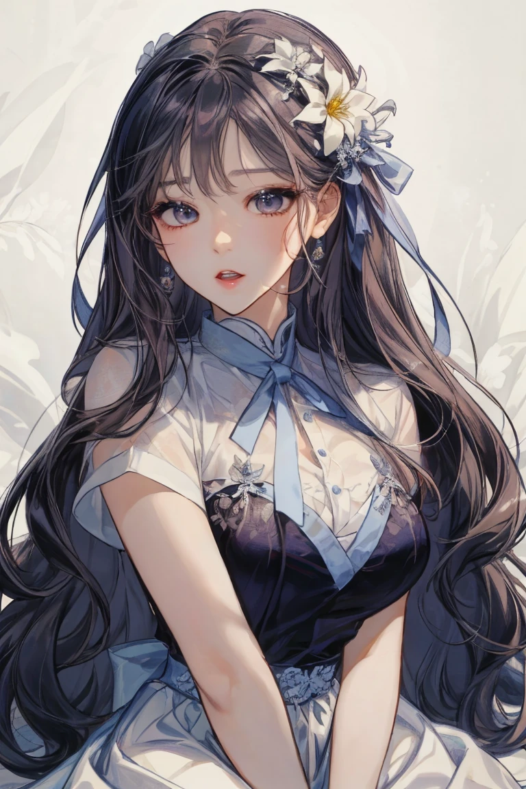 (Tabletop, Digital Art, Digital Illustration, 4K, 8K, Very detailed, Beautiful images, Clear images, Realistic, RAW Photos, Perfect Face, Perfect Lines, Perfect Eyes, Big eyes、Soft lighting) ,small breasts, blue eyes, forehead, black hair, long hair, masterpiece, best quality, 1 girl, 独奏, mini skirt, leaning forward, smile, (close-up breasts:1.2), cleavage, (Beijing:1.2)