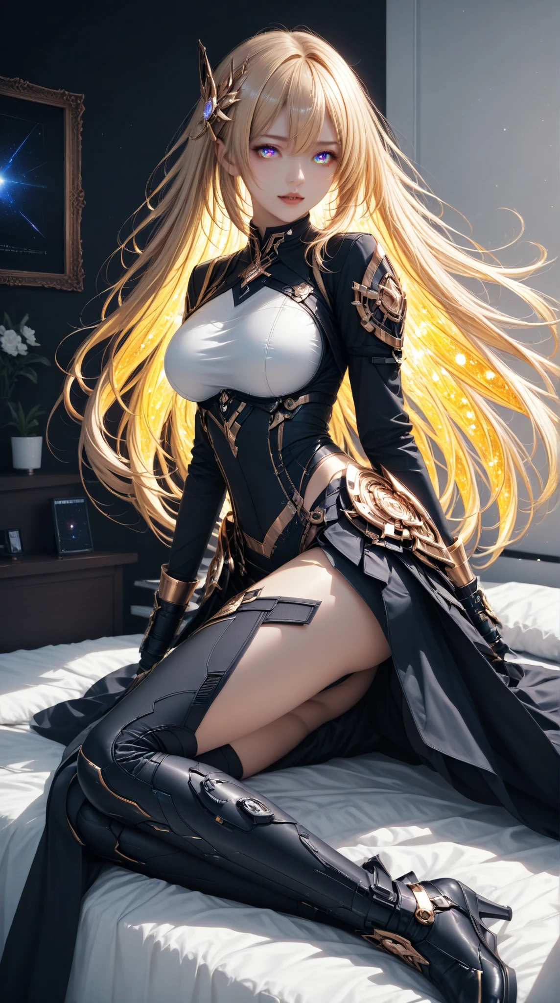 female archangel prepared for battle, an extremally beautiful warrior valkyre, ultra feminine, long hair, dark blonde hair, braided hair, wearing divine heavy armor, long leather boots, cleavage, big breasts, hiding hands, hands behind her head, (white armor: 1.2), full plate armor, (angel wings: 1.2) spread, angel wings on both sides of her back, posing for a picture, full body, floating mid-air, sunset, 16k, RAW, ultra wide shot, photorealism, depth of field, hyper realistic, 2.5 rendering, ray tracing