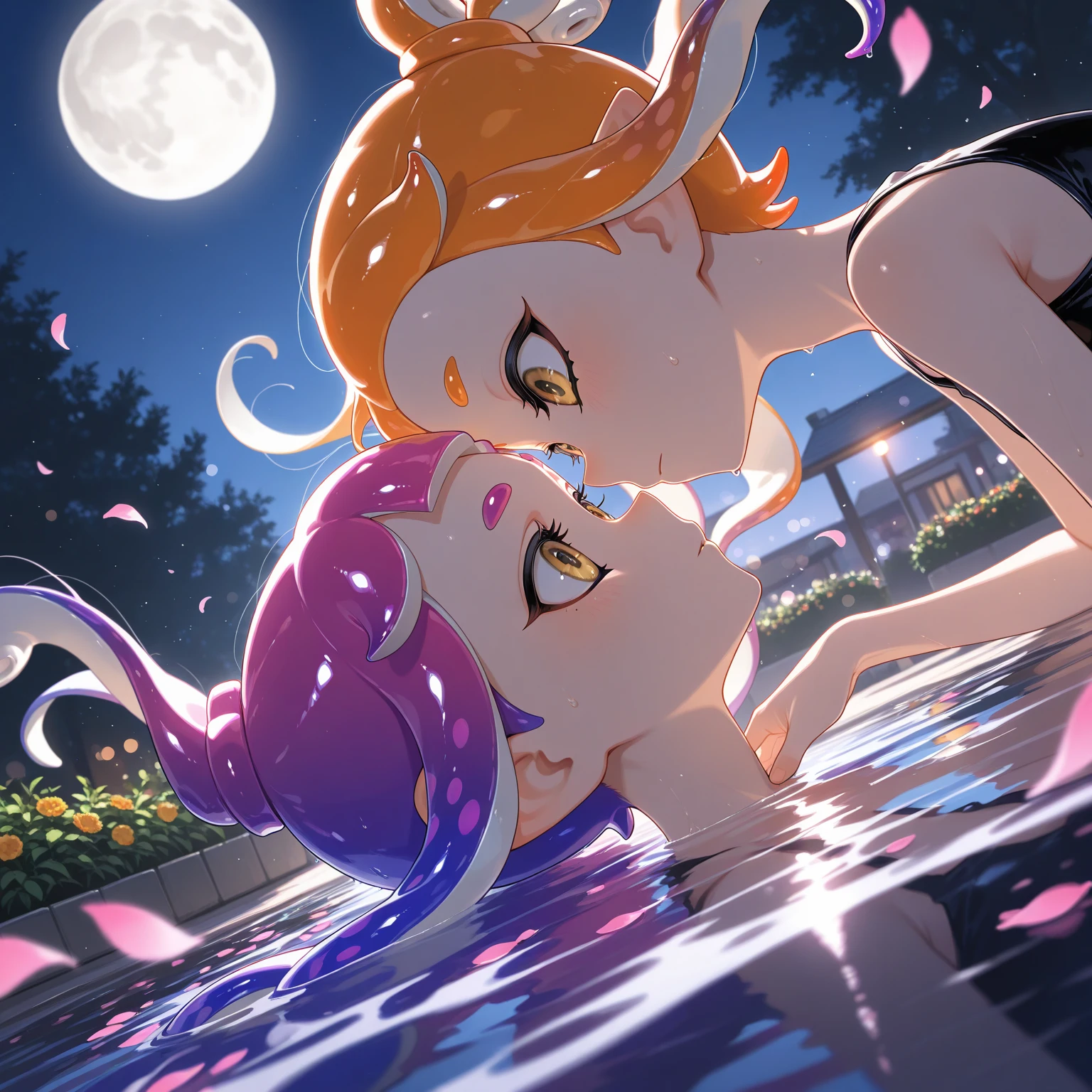 (many perspective scene), three girls, couple kiss, lesbian romantic, A multicolored-haired, sexy body, a closeup, (fully naked, detailed pussy), top-quality, blushed face, Turn around, 8K, nighttime, moonlights, superclear, Full of charm, masterpiece, high detailing, (high detailed background: pool, patio, garden)), Detailed drawing,