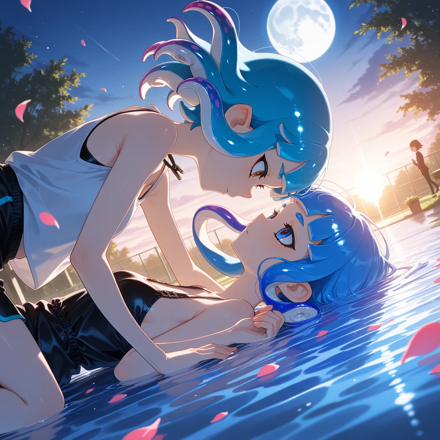 tied up naked Rei Ayanami from Neon Genesis Evangelion kissing shinji ikari, blue lagoon, night, moon