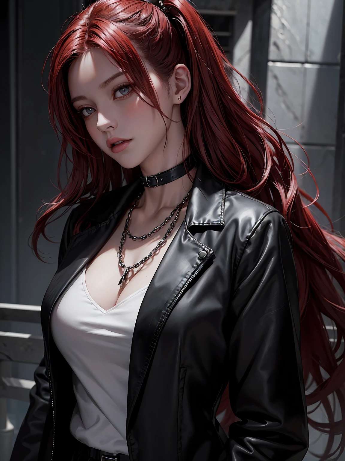 1 beautiful woman, 20 years old, bright red hair, pale white skin (realistic skin details, realistic skin), bright blue eyes (very detailed and vivid eyes), red lips, makeup, necklace, earrings, choker, accessories, perfect body , perfectly round butt, naked, looking at viewer, sexy pose, (perfect hands), (hands with 5 fingers), (masterpiece), (Photorealistic), (8K), (realistic lighting),