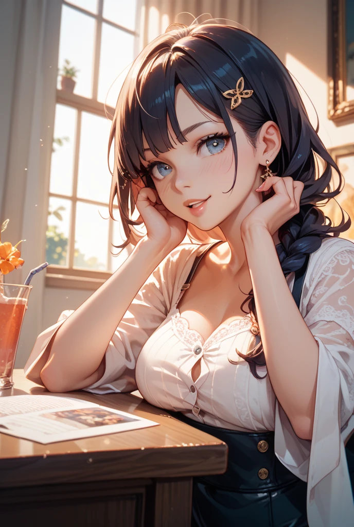 (A masterpiece of image quality in 8K),(Beautiful Allafed Woman),(((emphasizing breasts:1.3))),(Dynamic angles),(Dynamic and sexy bending pose:1.3),(sit a chair:1.3),(Short hair in shiny silver and orange inner colors,large full breasts,Disturbance of clothing due to movement,breast slip,(Ponytail twisted buns adorned with elaborate braids and beads,Braided Setup Fishbone Hair,),(see-through bangs),Huge breasts、(((A white lace apron that shows your bare skin from under your big breasts.......)))、Blush with embarrassment、Enraptured eyes、A smile that beguiles the viewer、(Look back:1.7)、Look into the photographer,skin glistening with sweat,gazing at viewer,,(Professional Lighting),(8K,masutepiece,top-quality,Ultra-high resolution output image,),(Ultra HD with complex detail image modes),depth of fields,Beautiful hands,Beautiful fingers,Detailed finger features,(Detailed hair features:1.7),detailed facial features,detailed clothes features,