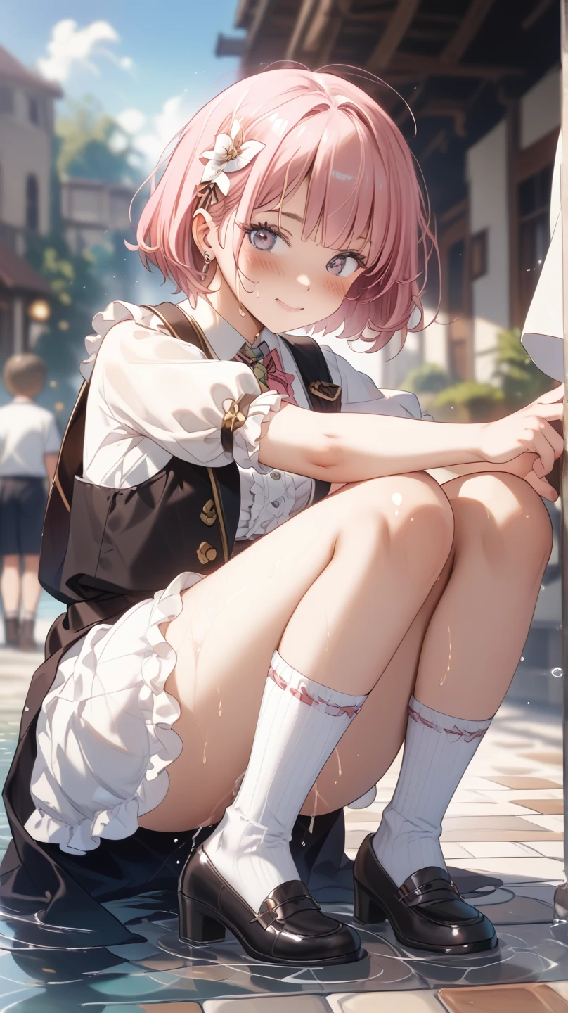(masterpiece, highest quality), Intricate details, One girl, Squat, Embarrassing, anger, Glare, Blushing,incontinence,Thin yellow liquid spurting out from under the legs,A thin yellow puddle at my feet,In the grass,Yellow stains on underwear,Urinating,Wearing shoes,Alley,Peeing